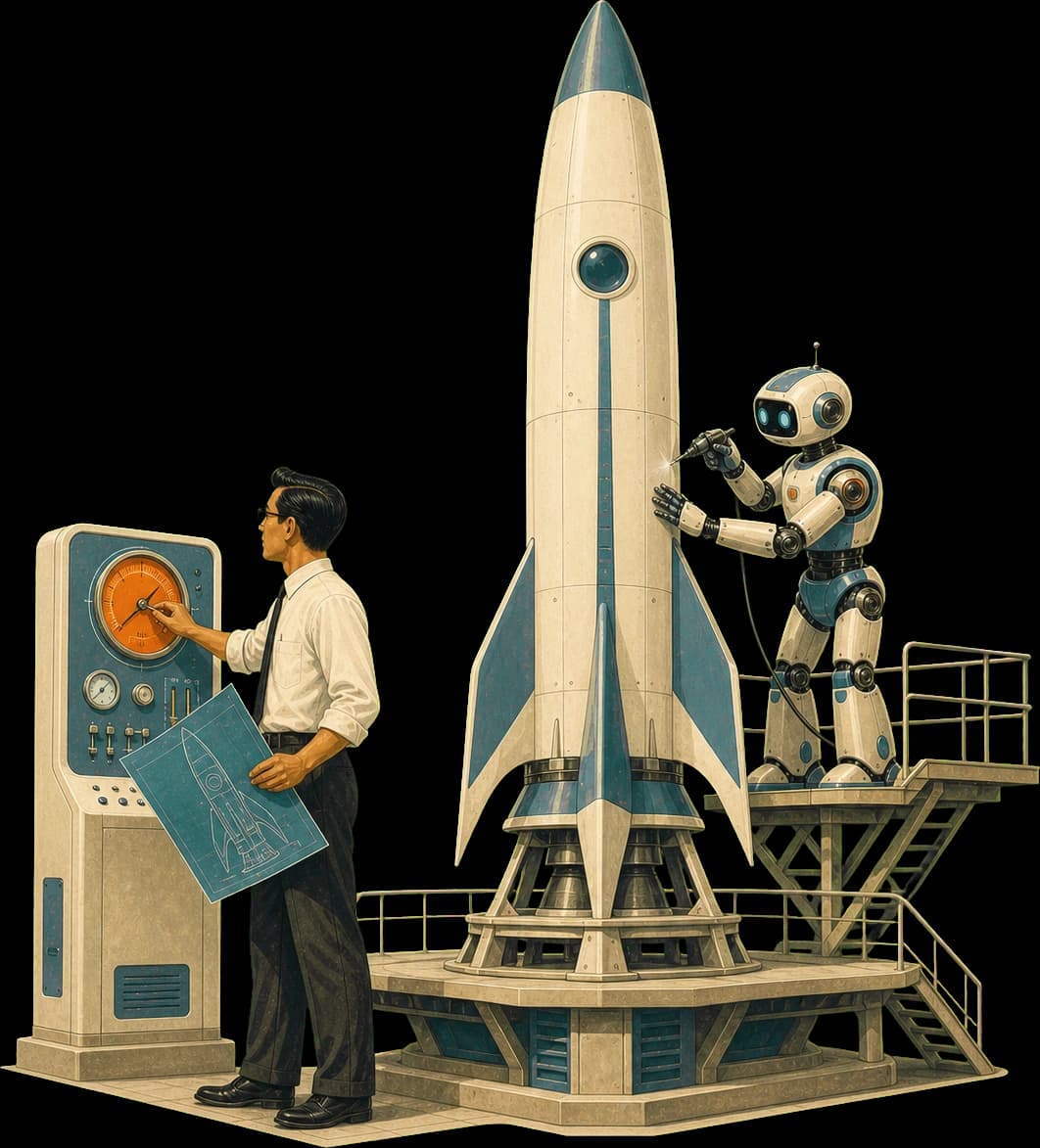In a retro assembly bay, an AI robot rivets a rocket while a senior engineer reviews the blueprint and checks a launch-clearance gauge, certifying it before flight