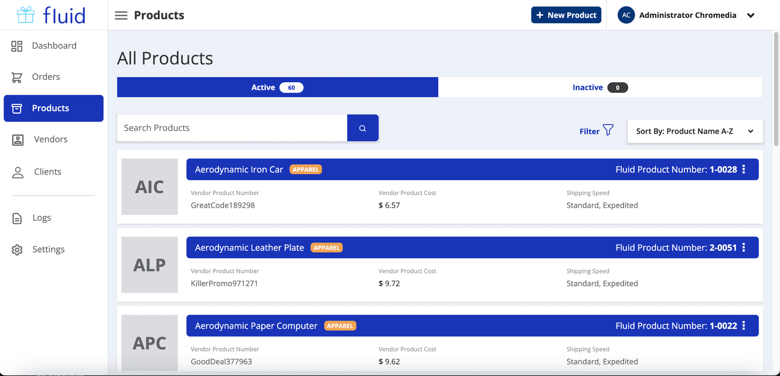 Fluid Gifts super admin product management