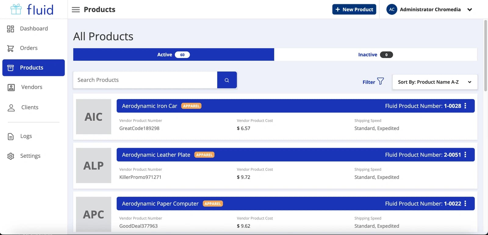 Fluid Gifts super admin product management
