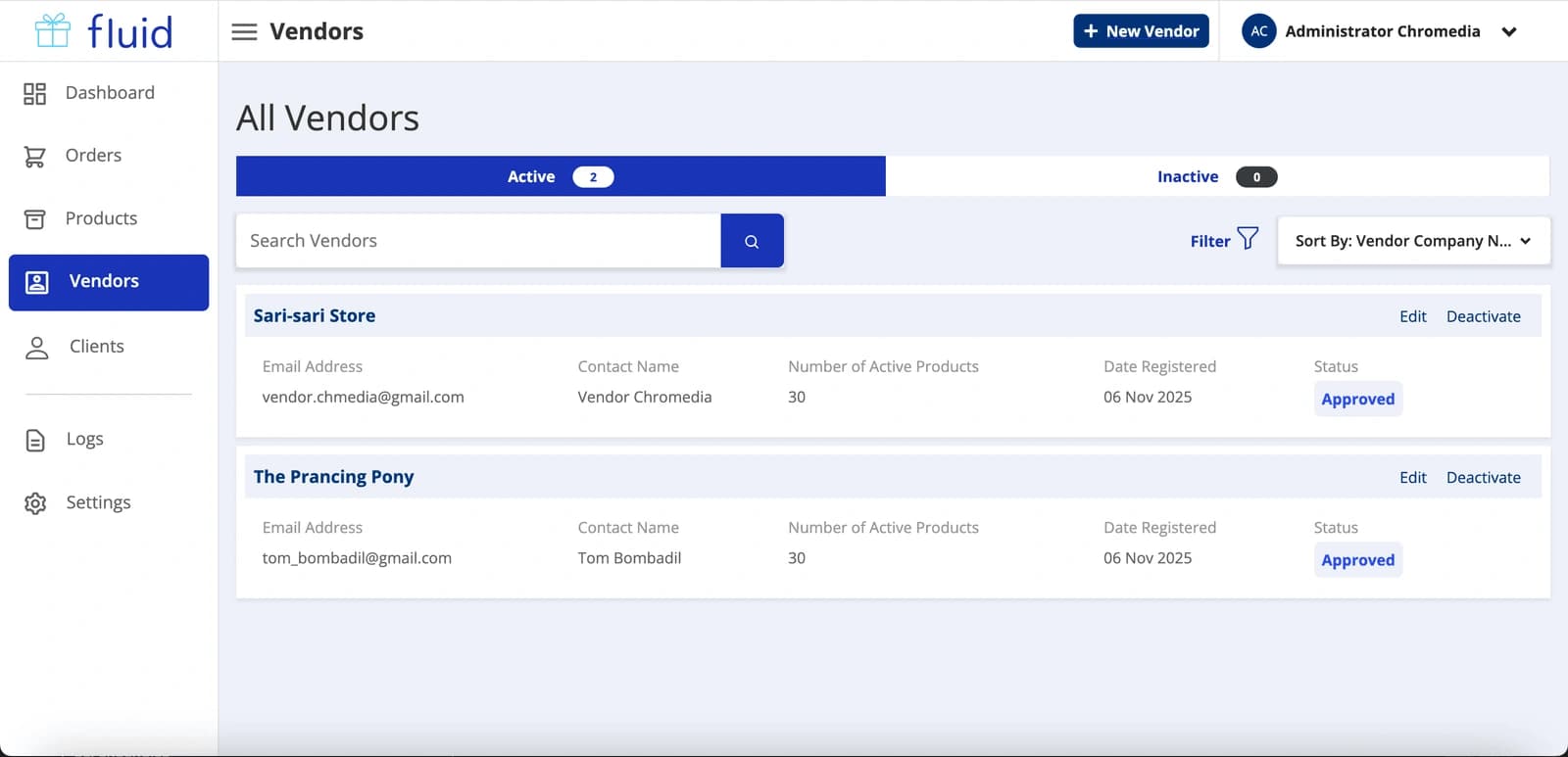 Fluid Gifts super admin vendor management