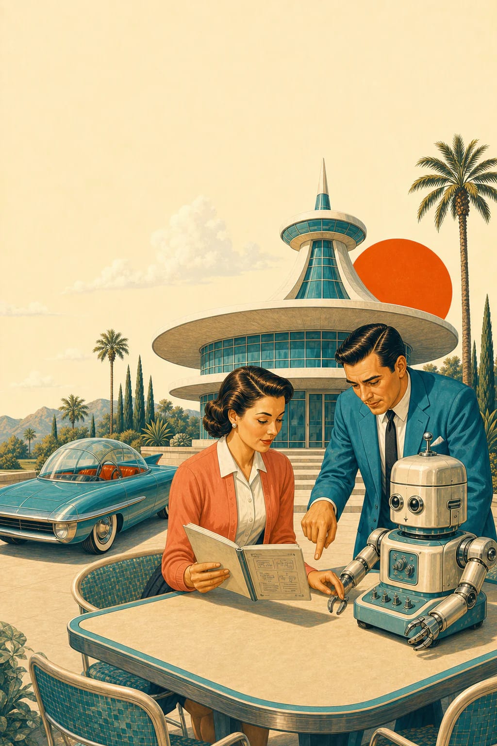 1950s poster-style homeowner learning to use a retrofuturistic household robot with a technical guide