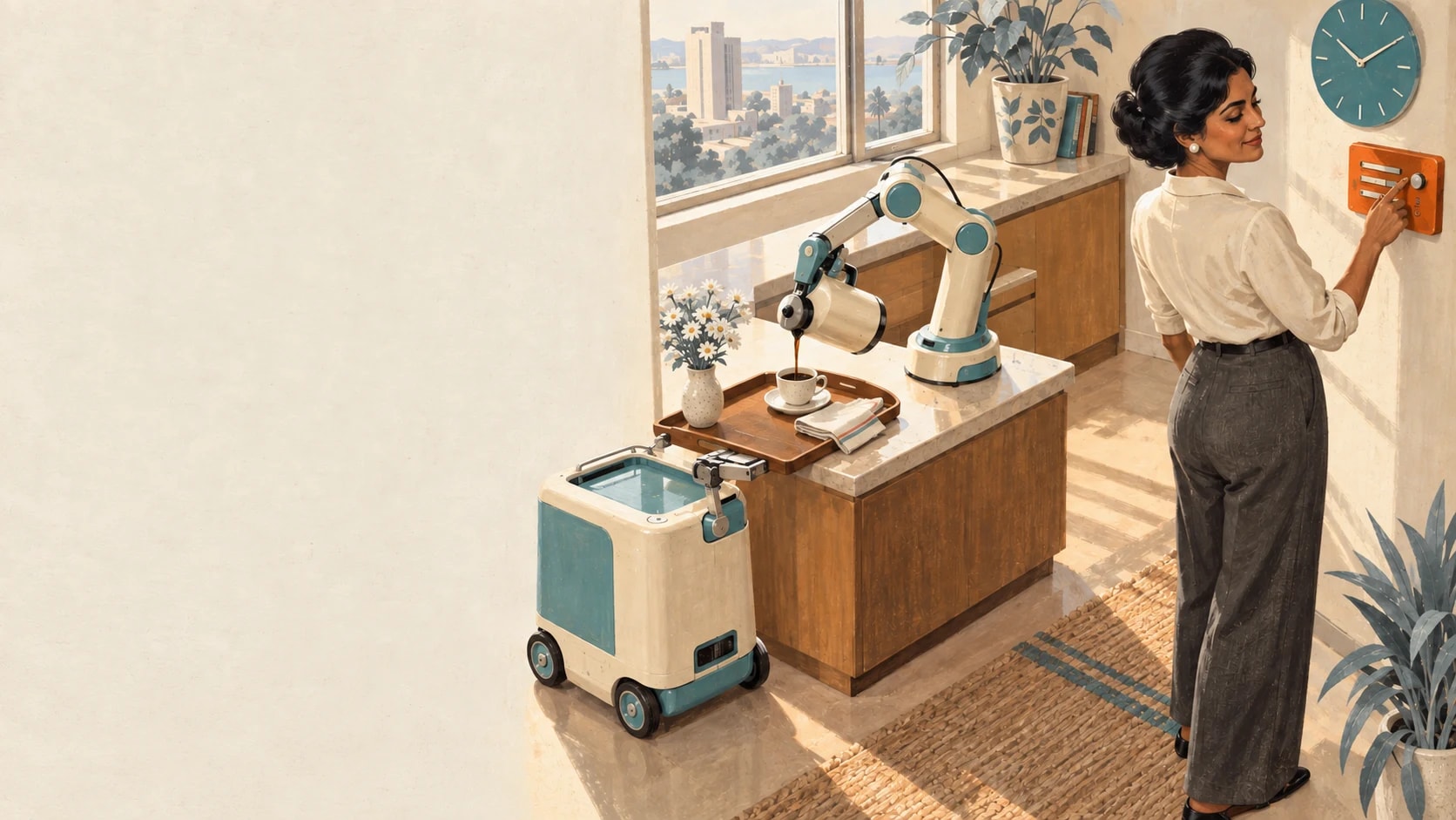 A woman directs two coordinated household robots preparing and delivering her morning coffee.