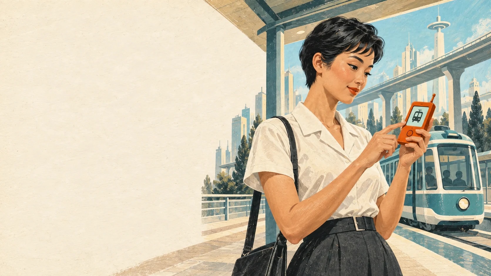 A woman uses a pocket device to call a neighborhood tram in a retrofuturistic city.