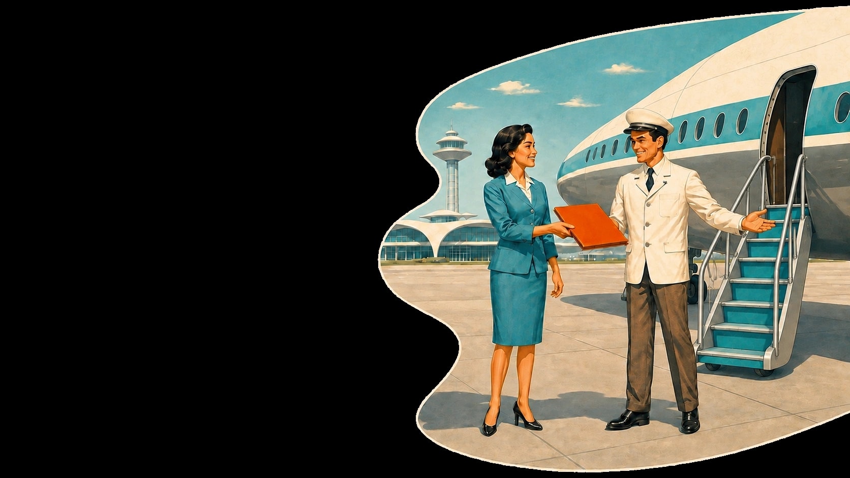 A potential channel partner hands an opportunity portfolio to Chromedia captain Joe beside a passenger jet