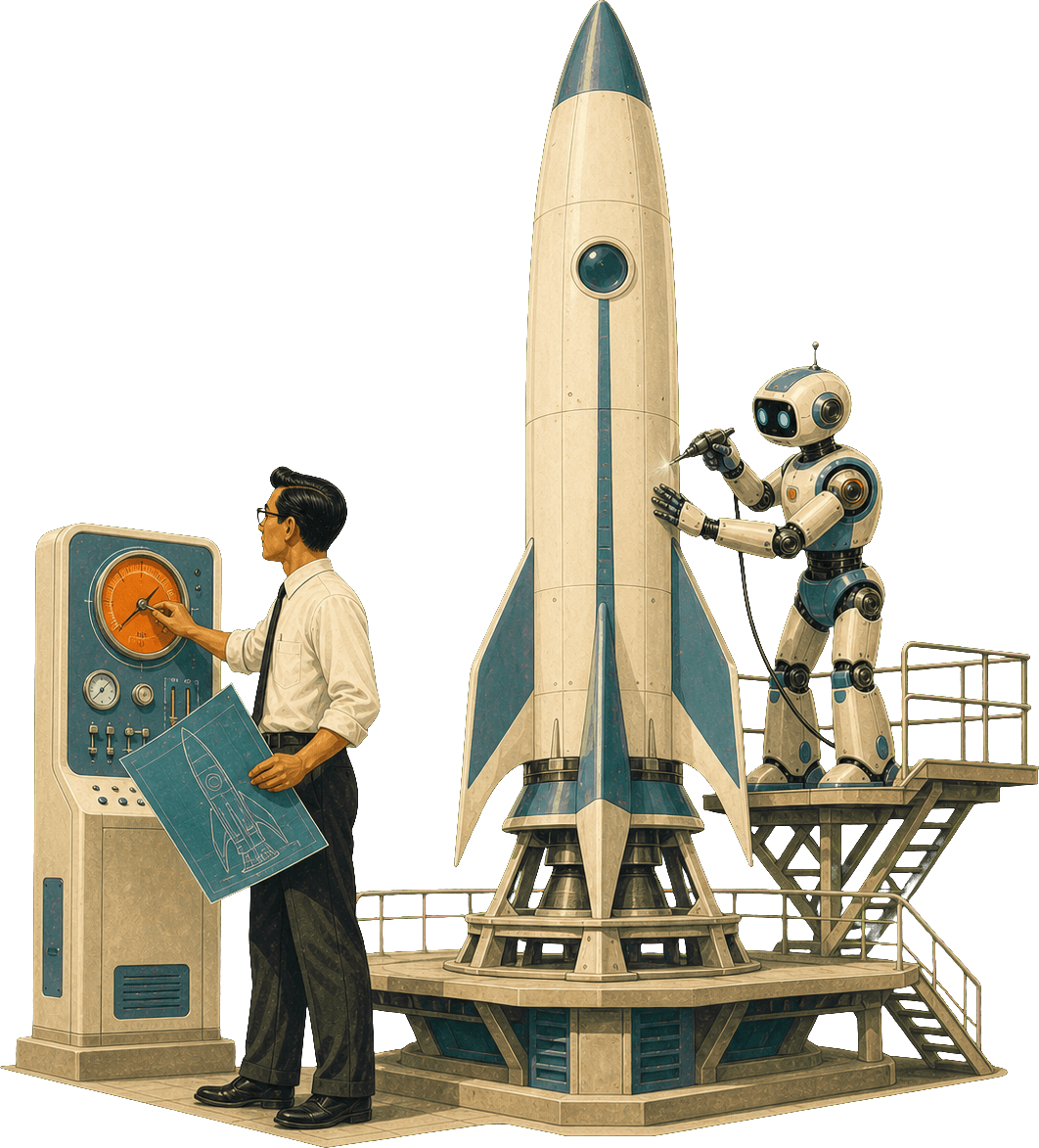 In a retro assembly bay, an AI robot rivets a rocket while a senior engineer reviews the blueprint and checks a launch-clearance gauge, certifying it before flight