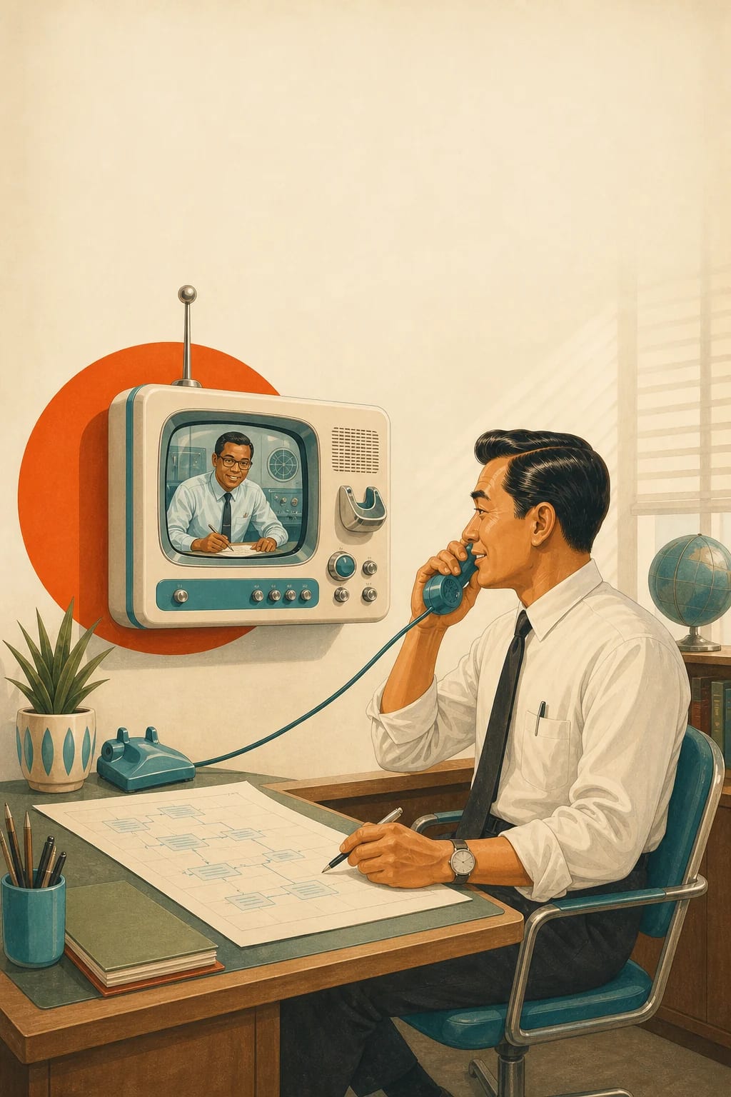 1950s poster-style project lead discussing a plan with a Chromedia engineer over a picturephone