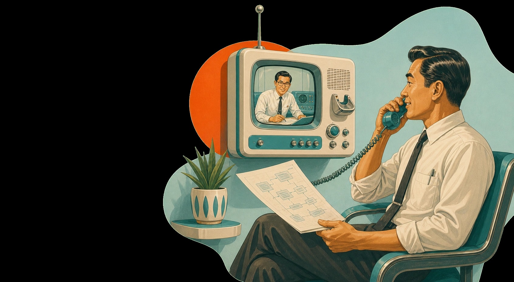 1950s poster-style video phone call connecting a client with a Chromedia engineer