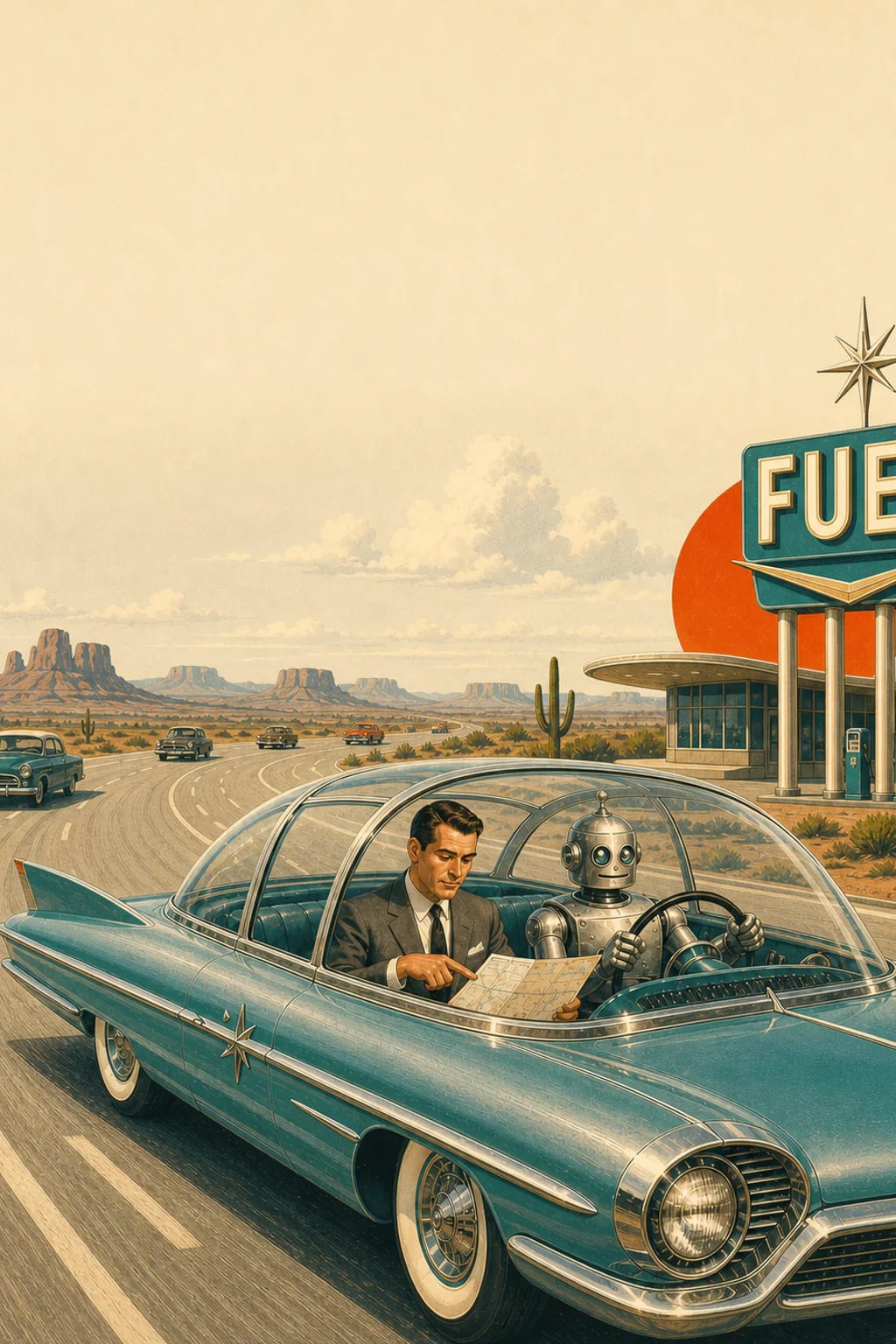 Portrait 1950s desert highway scene with a robot driving while a business lead directs the route from a map