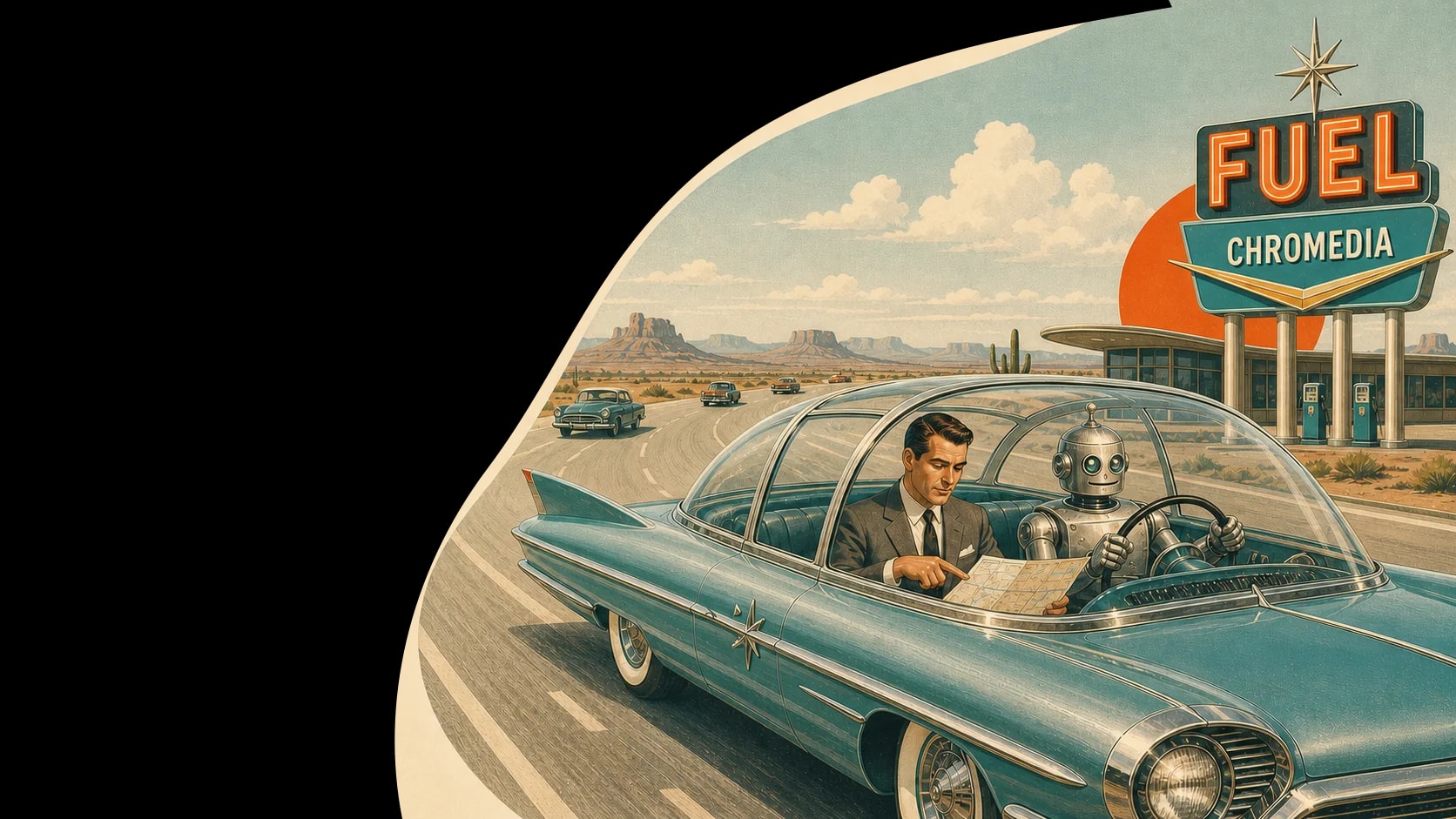 1950s poster-style highway scene with a robot driving while a suited passenger studies a map near a Chromedia fuel sign
