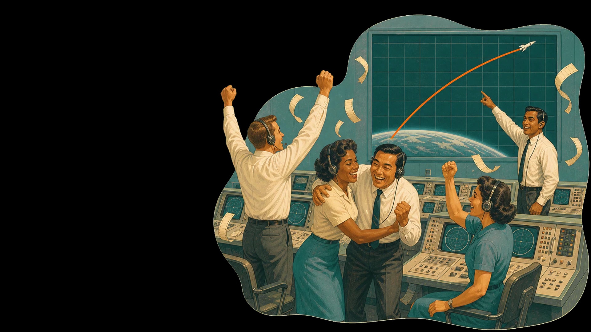 A diverse mission control team celebrates a successful launch beneath a completed rocket trajectory