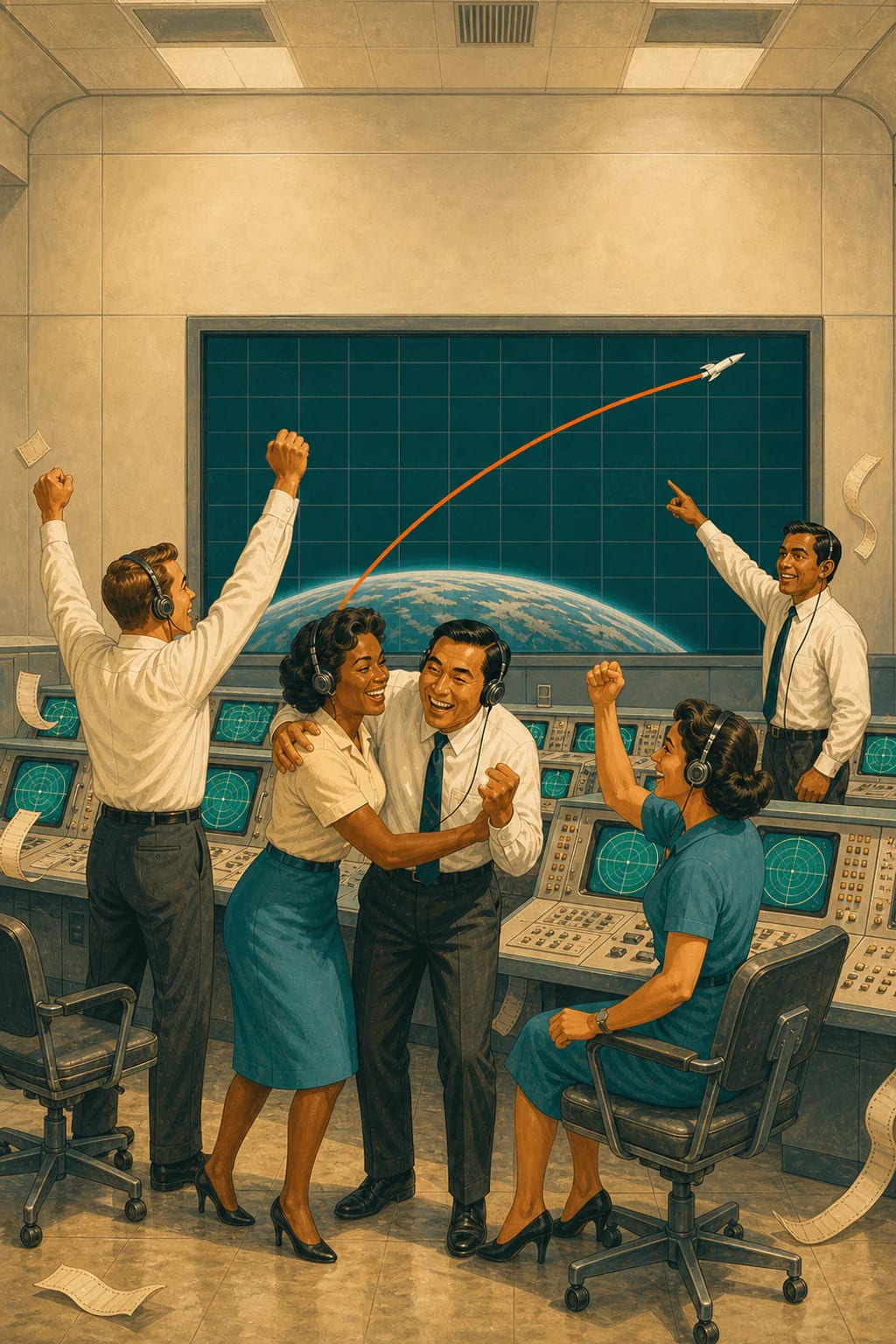 A diverse mission control team celebrates a successful rocket launch in a portrait control-room scene