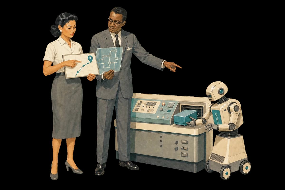 A client lead sets the destination, a senior engineer governs the architecture and directs a compact robot bringing the finished system online