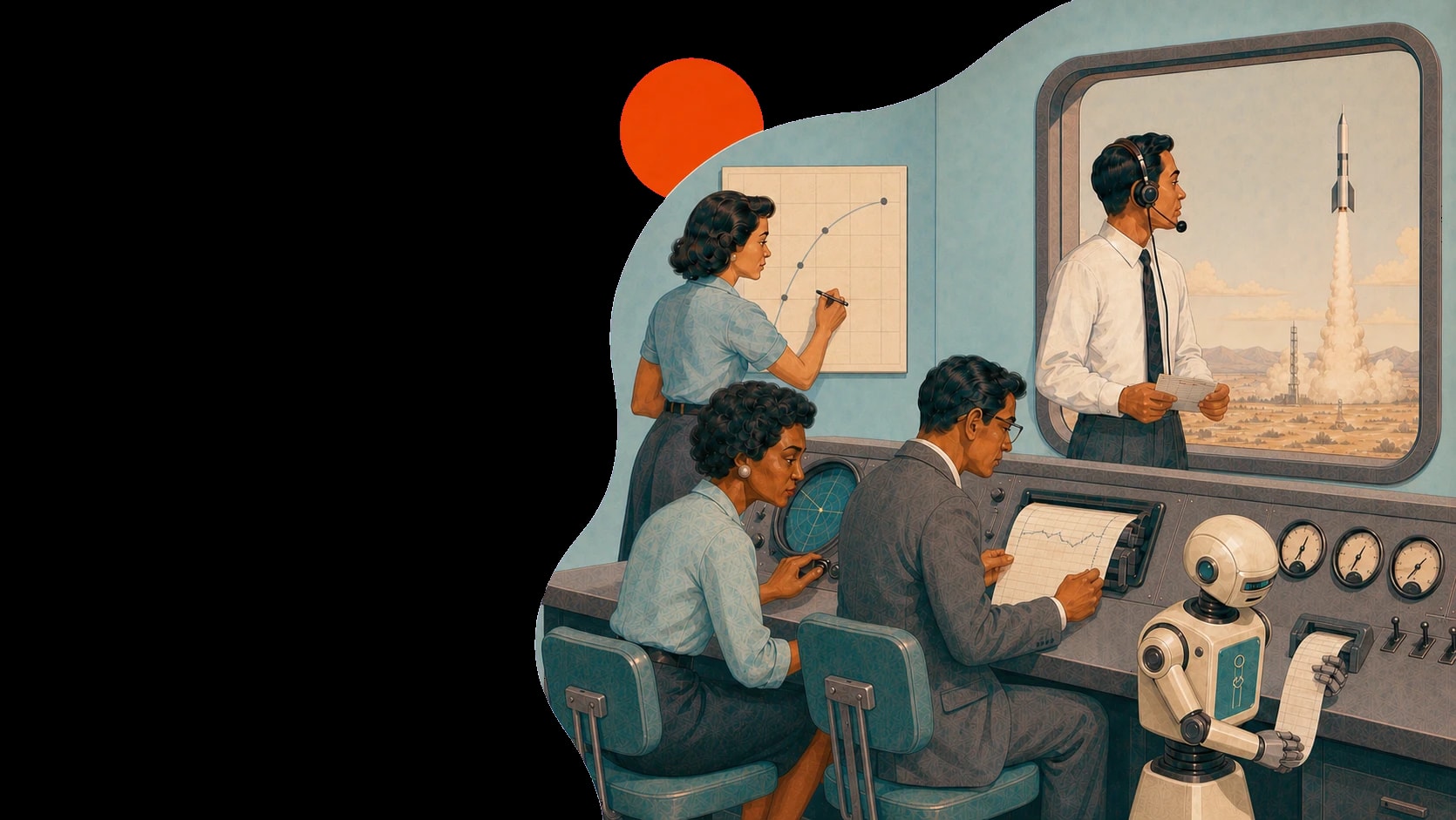 1940s magazine-style rocket control room where a human mission lead governs a diverse telemetry team and a compact robot executes analog control work