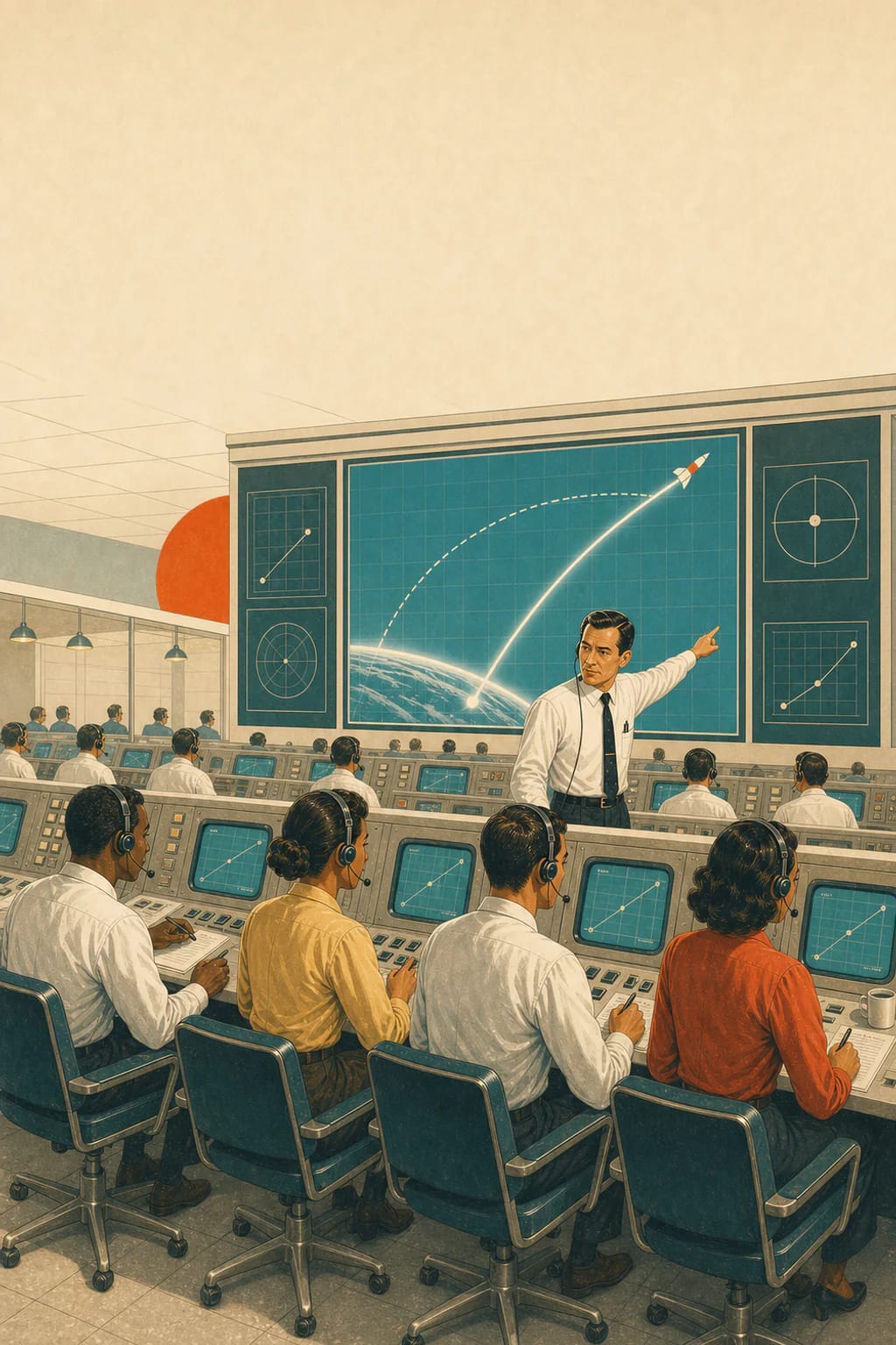 Portrait 1950s mission control scene with a human lead directing a diverse engineering team and rocket trajectory