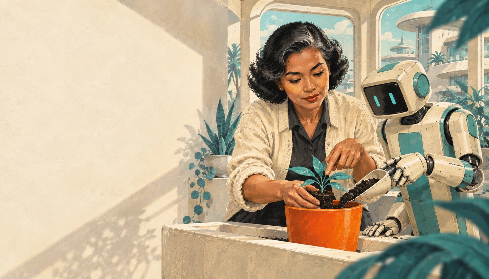 A woman repots a seedling while a robot holds a scoop of soil beside her.