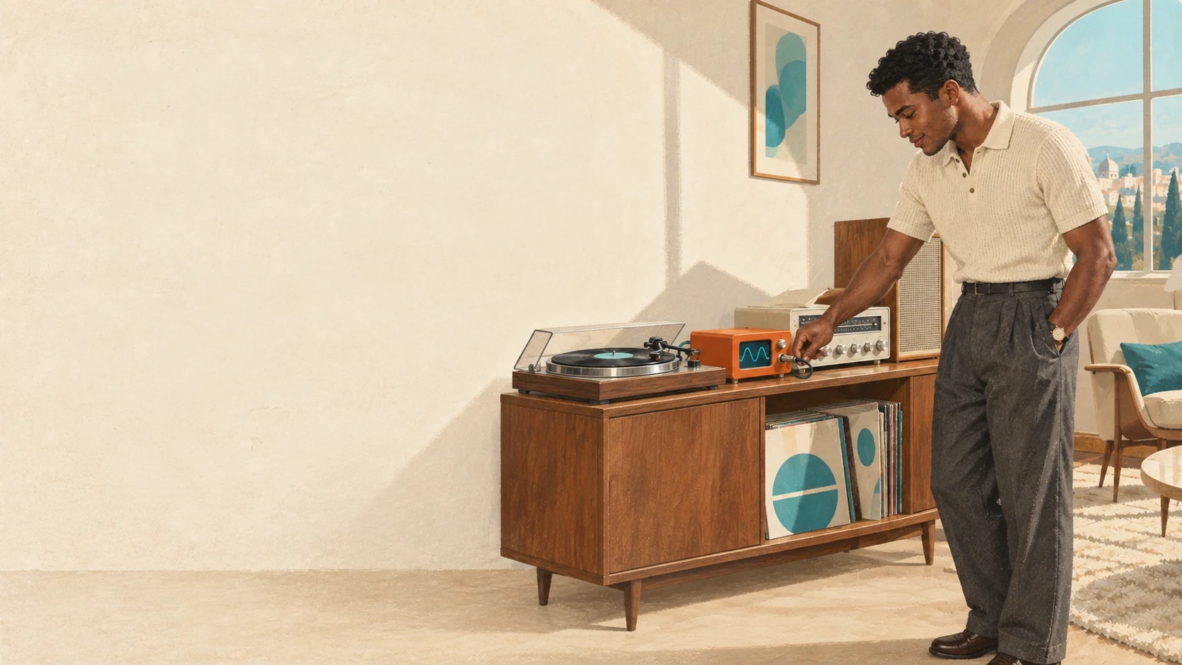 A man connects an intelligent audio module to his existing home record player and stereo.