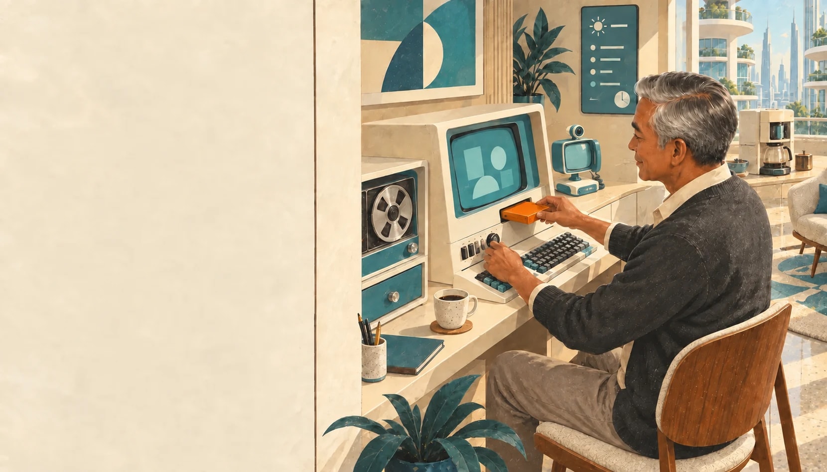 A man works at a built-in home computer terminal, loading a cartridge as coffee brews beside him.