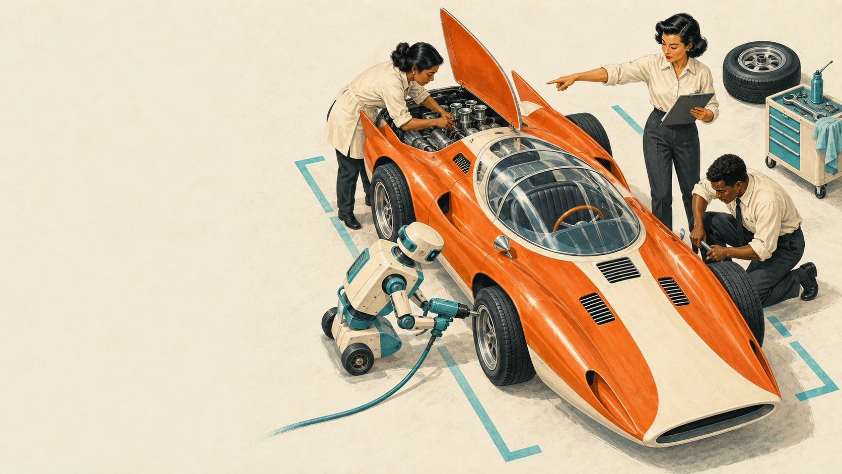 A human-led pit-stop crew and a compact robot service a retro-futuristic race car, viewed from above.