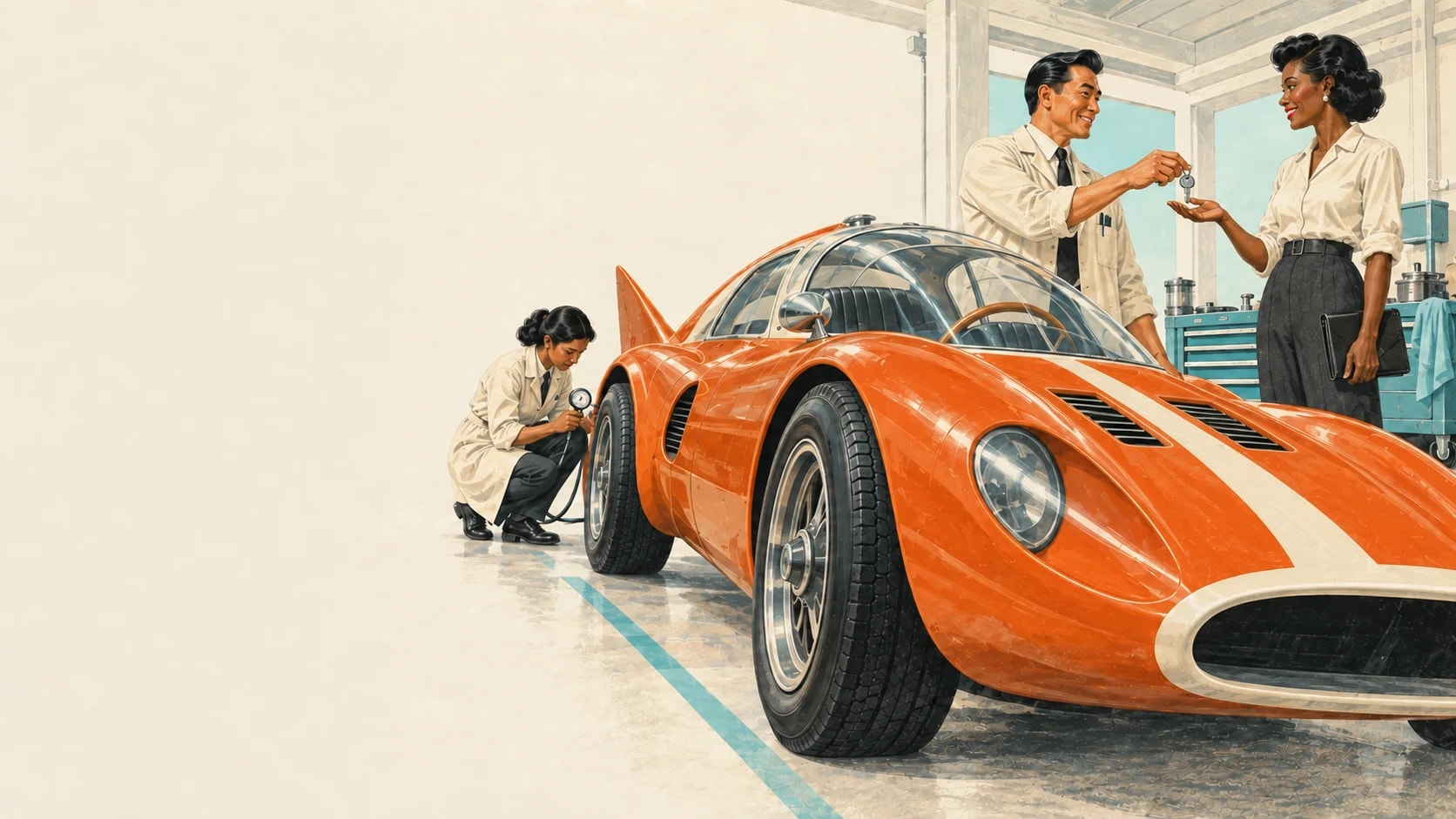 A delivery lead hands a finished retro-futuristic car to a client while a colleague completes a quality check, viewed from wheel height.