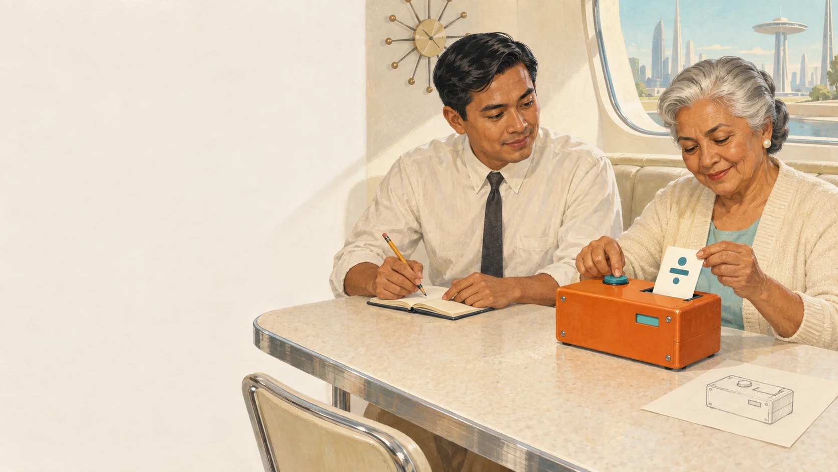 A woman tests a prototype household message printer while its maker observes and takes notes.