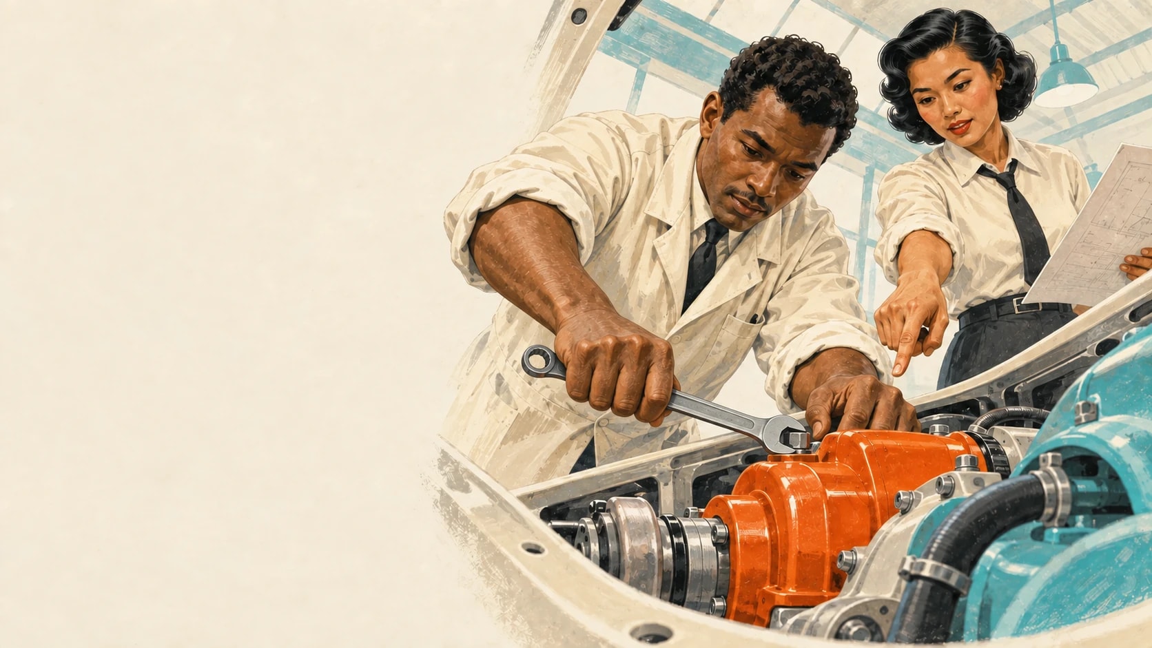 An embedded specialist works inside a retro-futuristic engine bay under the client lead’s direction, seen from inside the machinery.
