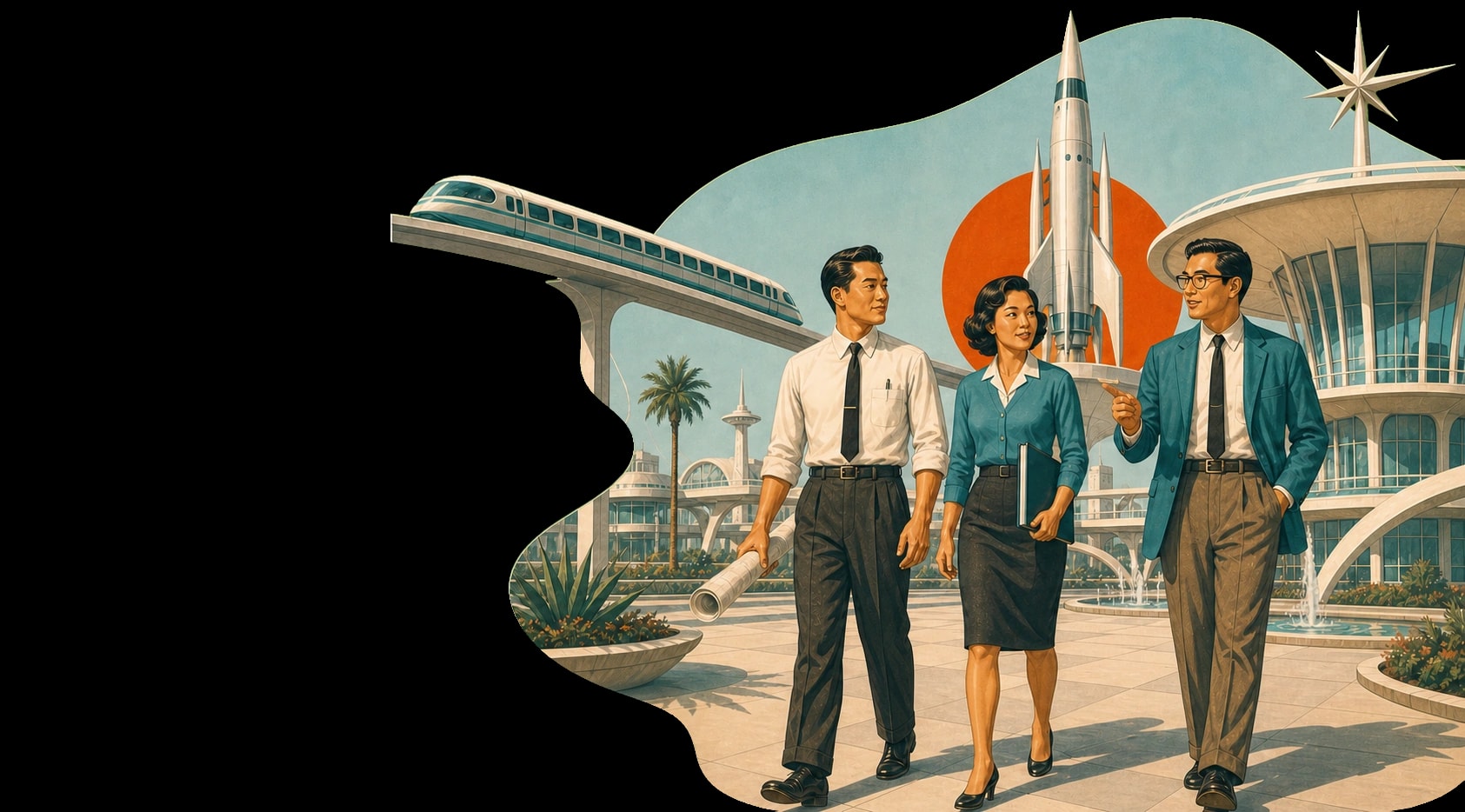 1950s poster-style diverse engineering team walking through a retrofuturist world expo landscape
