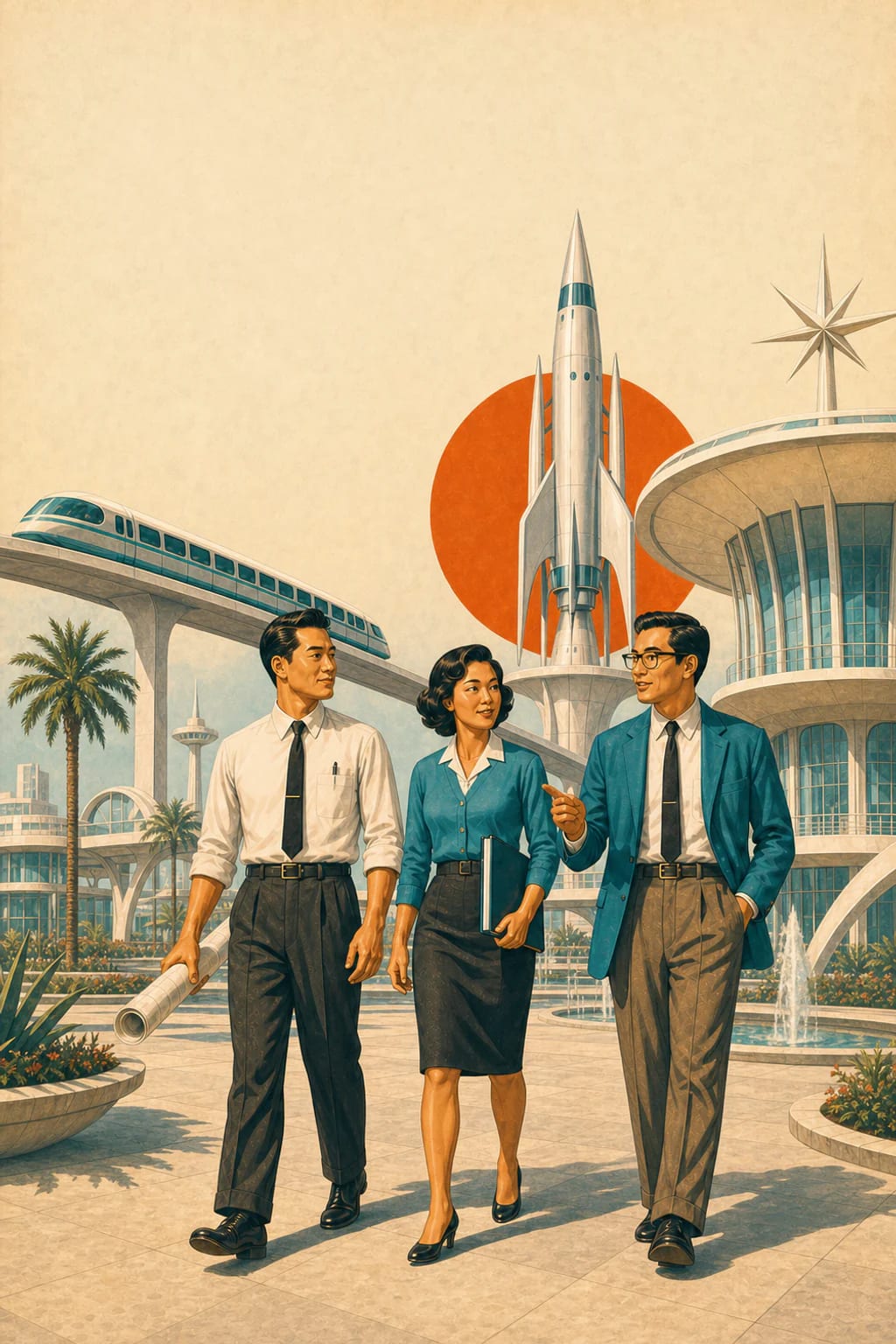 Portrait 1950s poster-style engineering team walking together through a retrofuturistic world expo campus