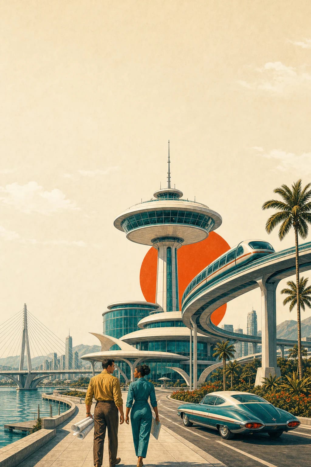 Portrait retrofuturistic operations campus with an arriving monorail and engineers walking toward the tower