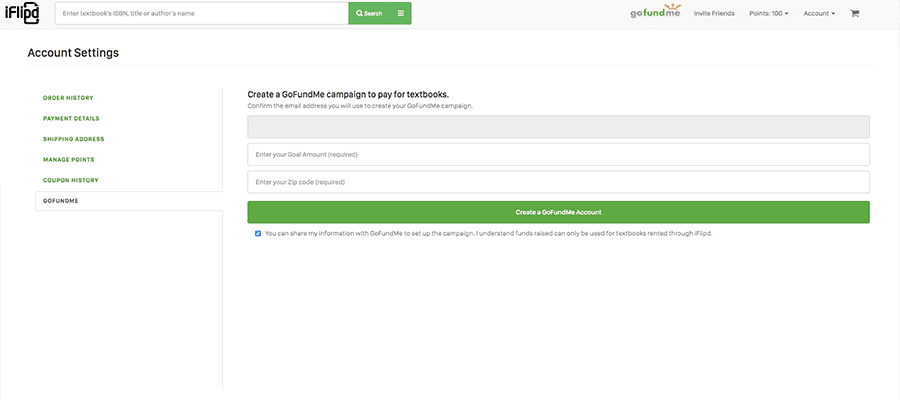 iFlipd web interface showing account settings and option to create a GoFundMe campaign for textbook payments.