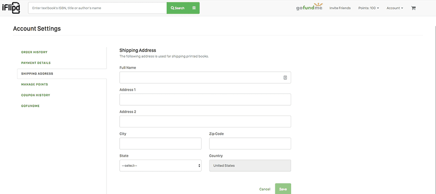 iFlipd web interface showing account settings with Shipping Address section.